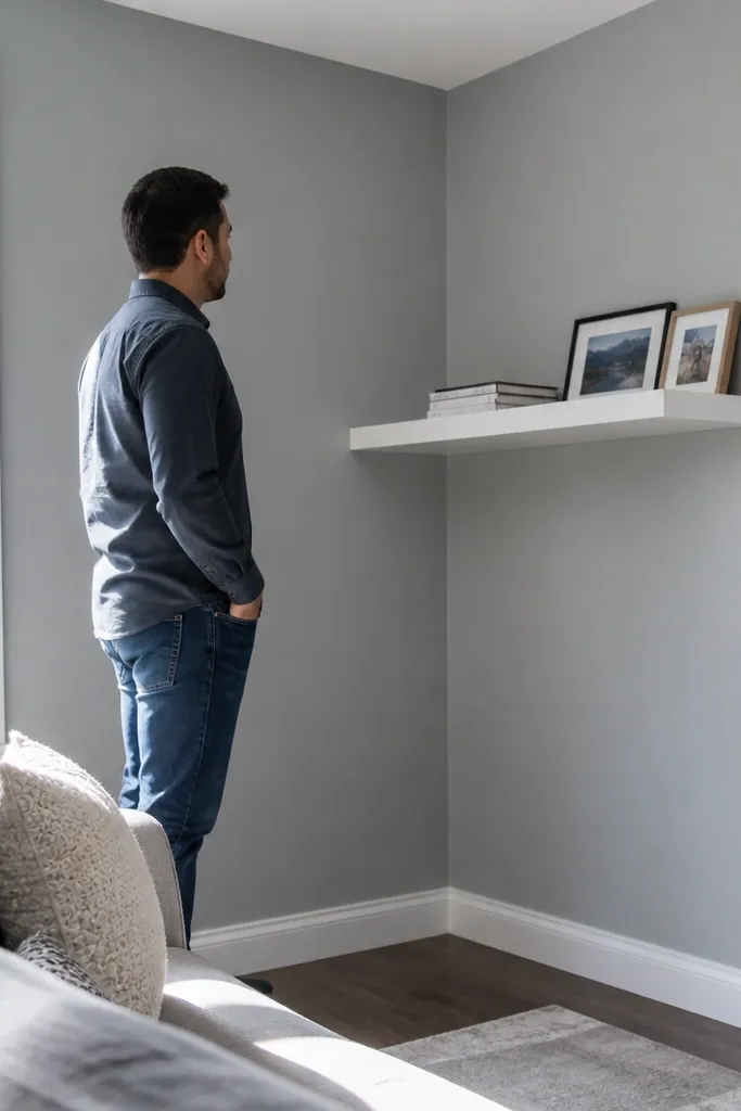 Corner shelf that looks floating with a concealed mounting cleat