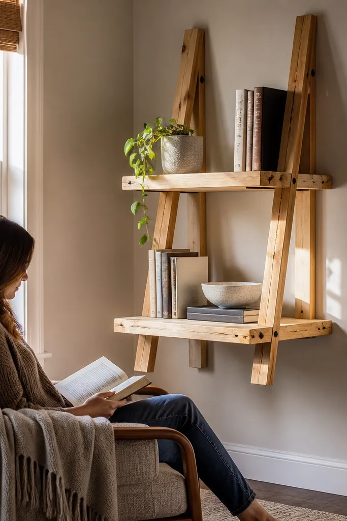 Two small corner shelves with a ladder-like wood frame