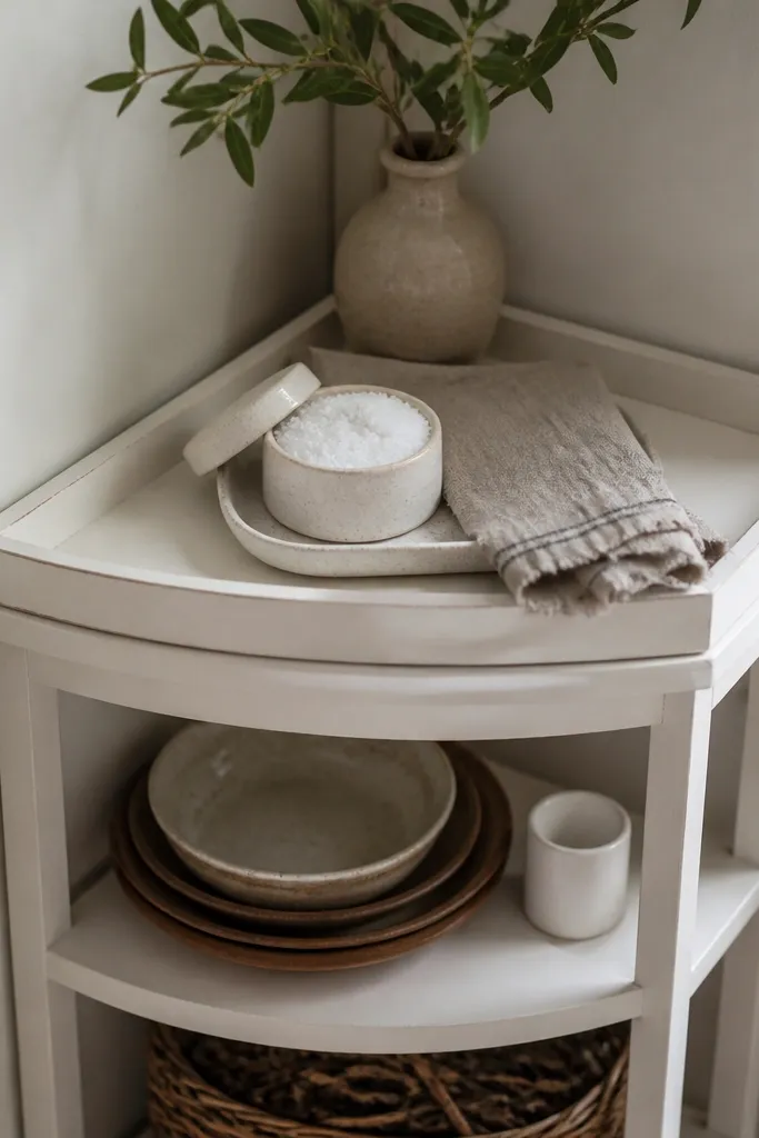 Corner shelf with a removable wood tray top holding decor