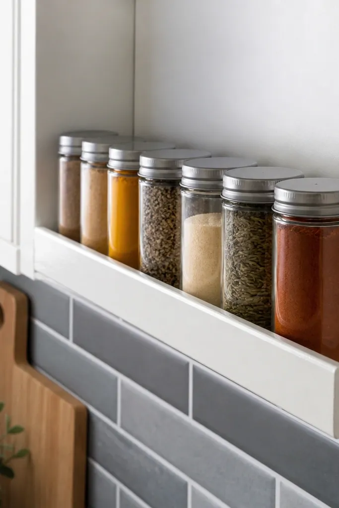 Small corner shelf holding spice jars and a tiny label strip