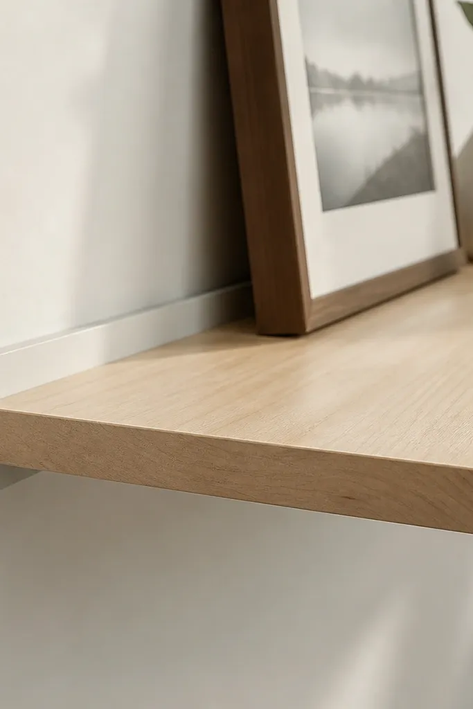 White shelf board with a flush front face and hidden metal rail brackets