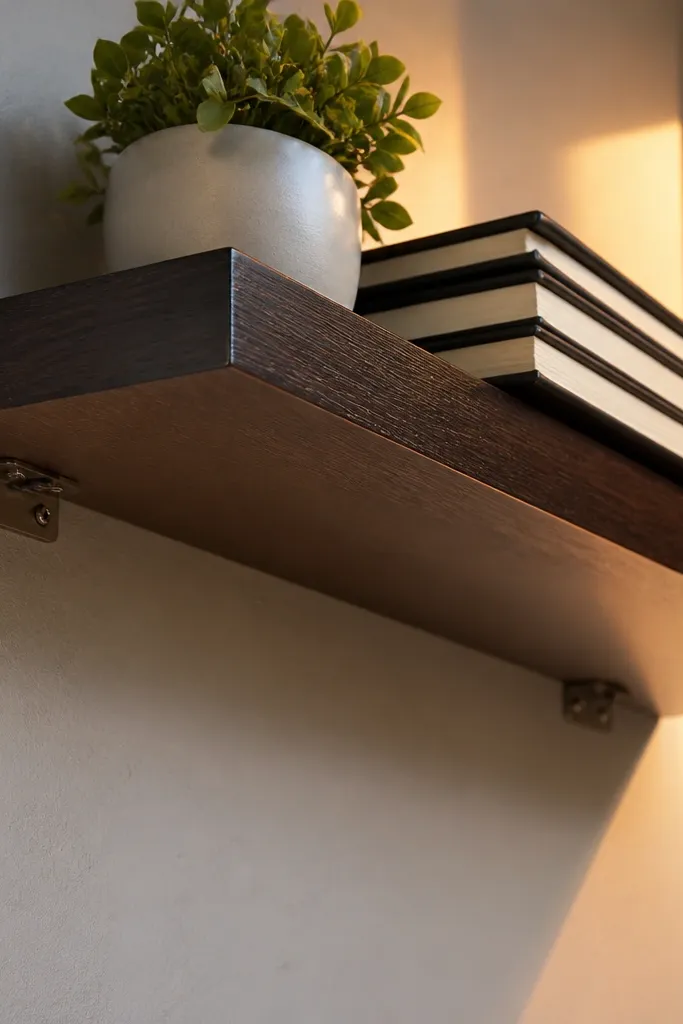 Dark-stained floating shelf with a crisp front edge and hidden top cleats