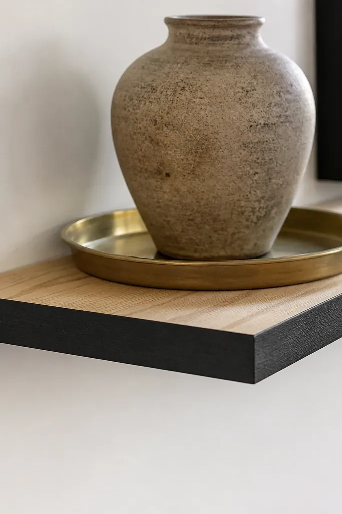 Two-tone floating shelf with a laminated front strip creating a thin shadow gap