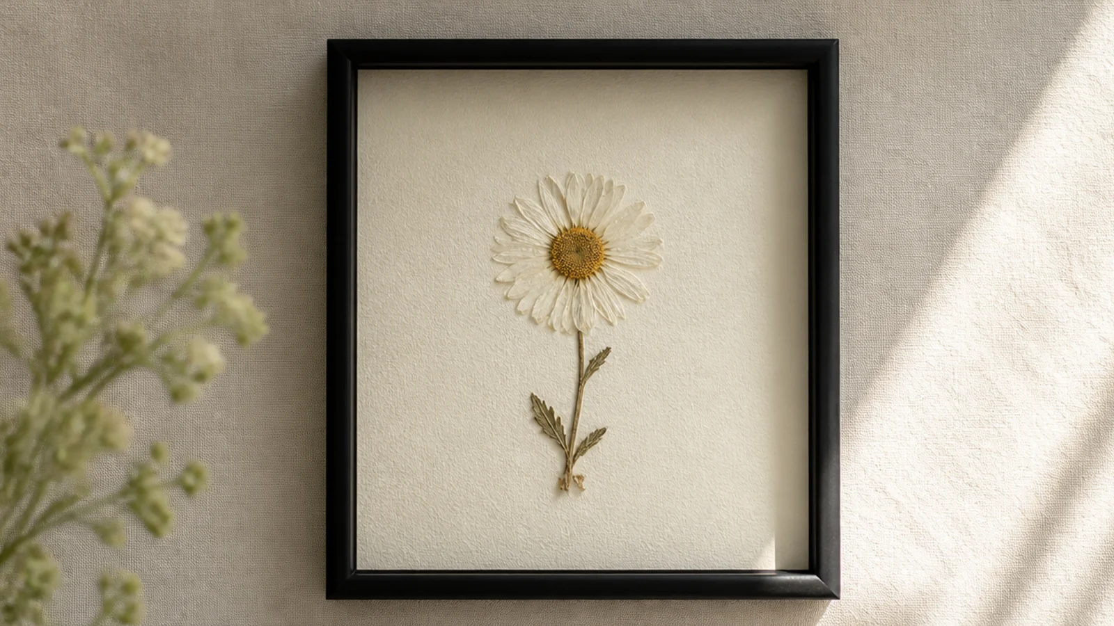 A plain black dollar-store frame holding a single pressed daisy centered on fresh cream cardstock.