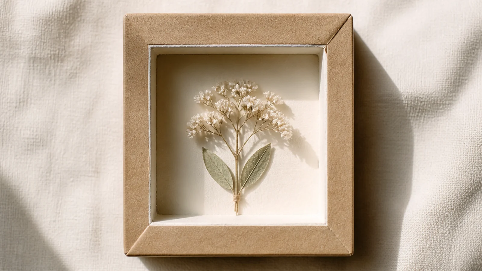 A handmade shadow box built from painted cardboard holding a small dried flower with visible depth, edges wrapped in kraft paper.