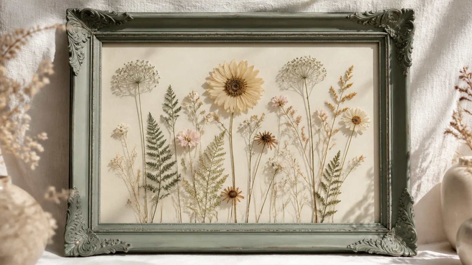 An ornate thrift-store frame repainted matte sage green holding a pressed flower arrangement on cream backing.