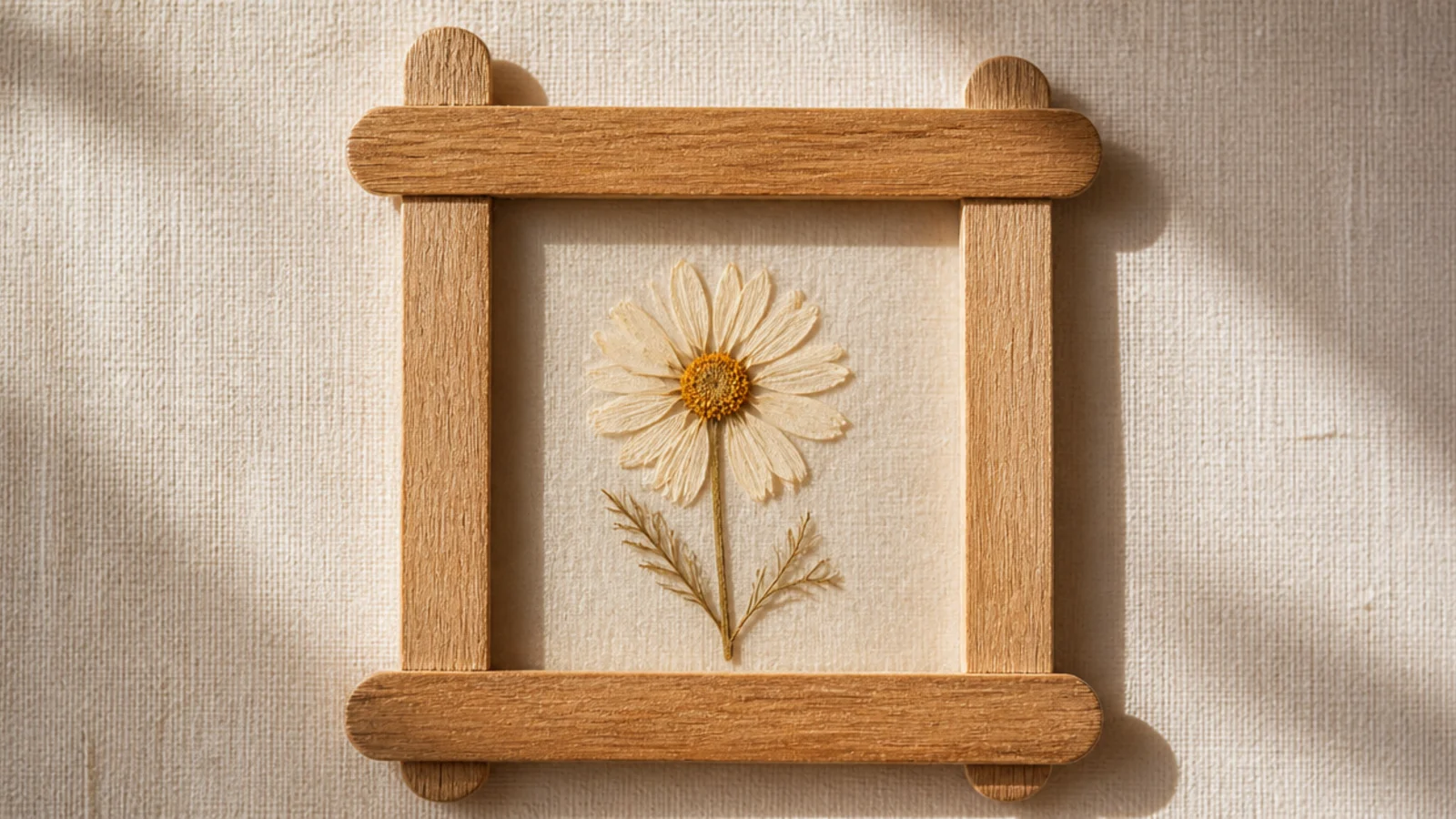 A small square frame made from craft popsicle sticks stained natural wood, holding a tiny pressed flower in the center.