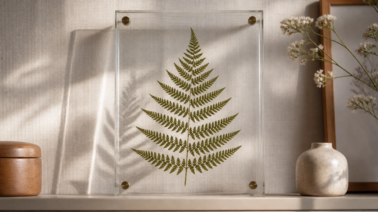 Two thin clear acrylic sheets sandwiching a pressed fern, held at the corners with small bolts, standing on a shelf.