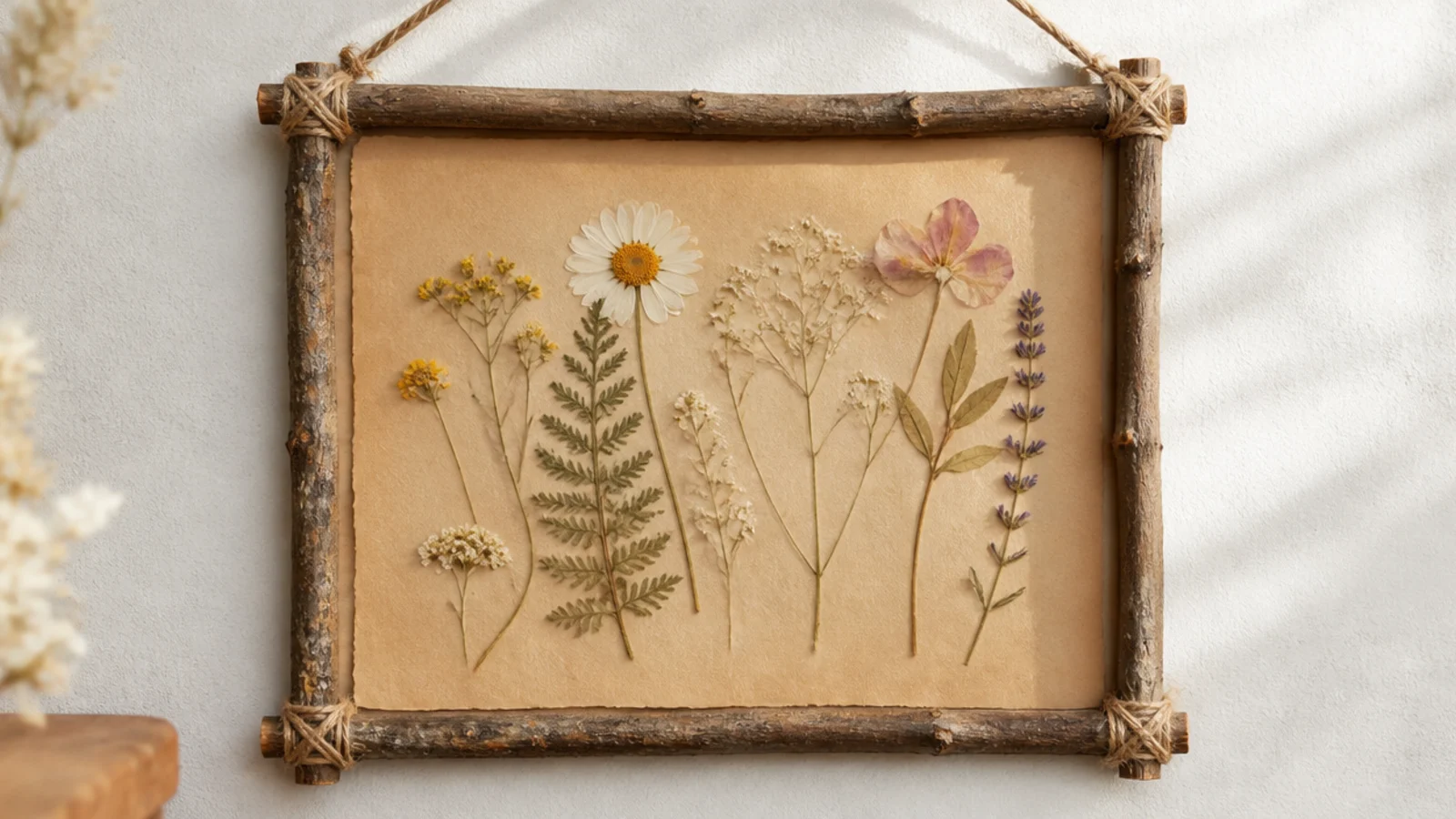 A rustic frame made from straight twigs lashed at the corners with twine, holding pressed wildflowers on kraft paper.