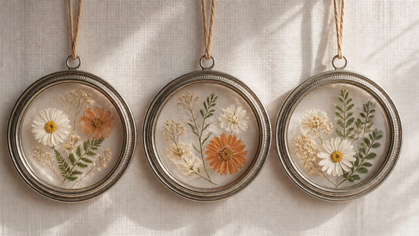 Three mason jar lid rings used as round frames, each holding a small pressed flower behind a circle of clear film, hung together.