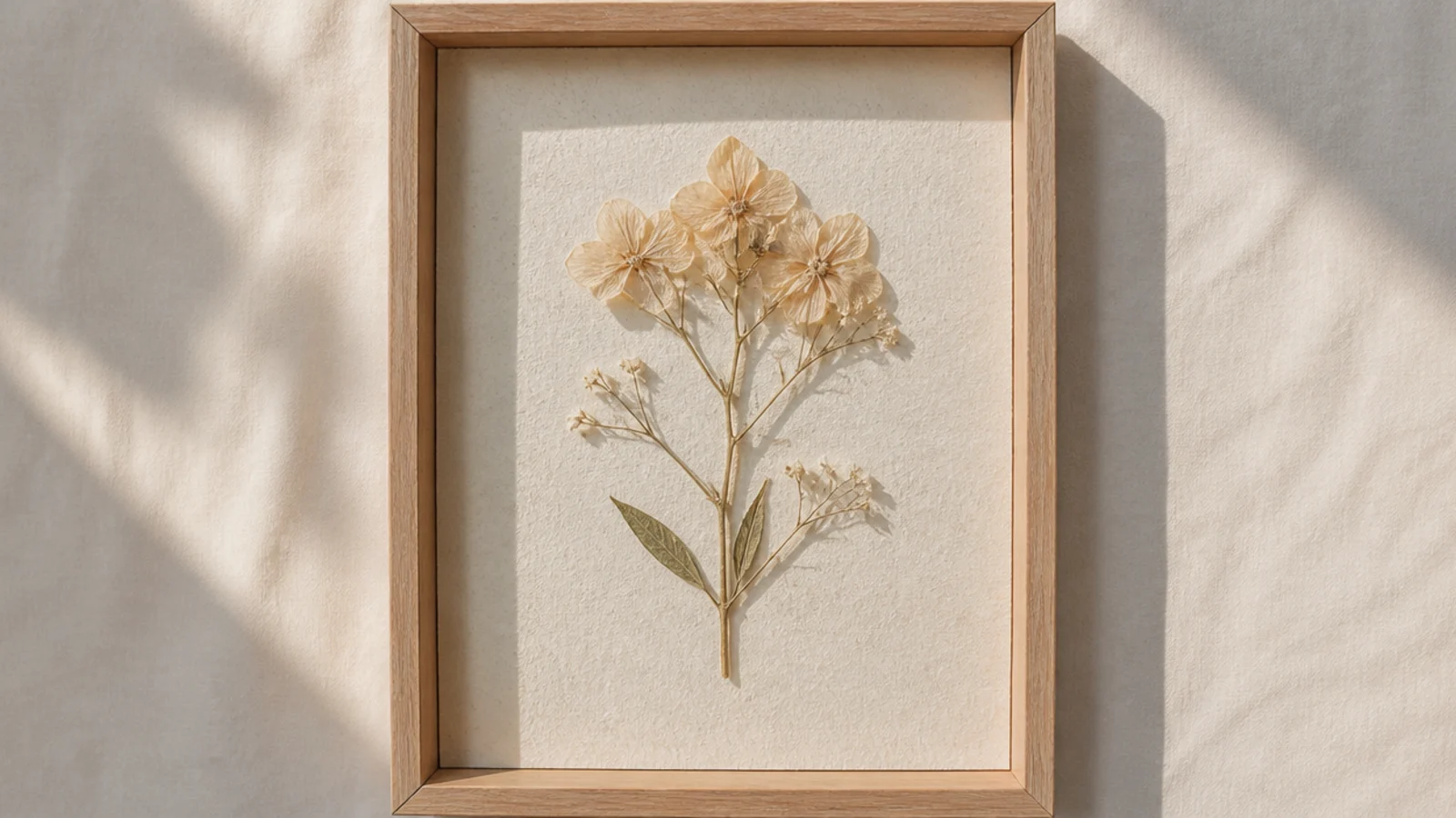 A slim frame with a pressed flower mounted on cardstock-covered cereal-box board, clean printed side hidden.