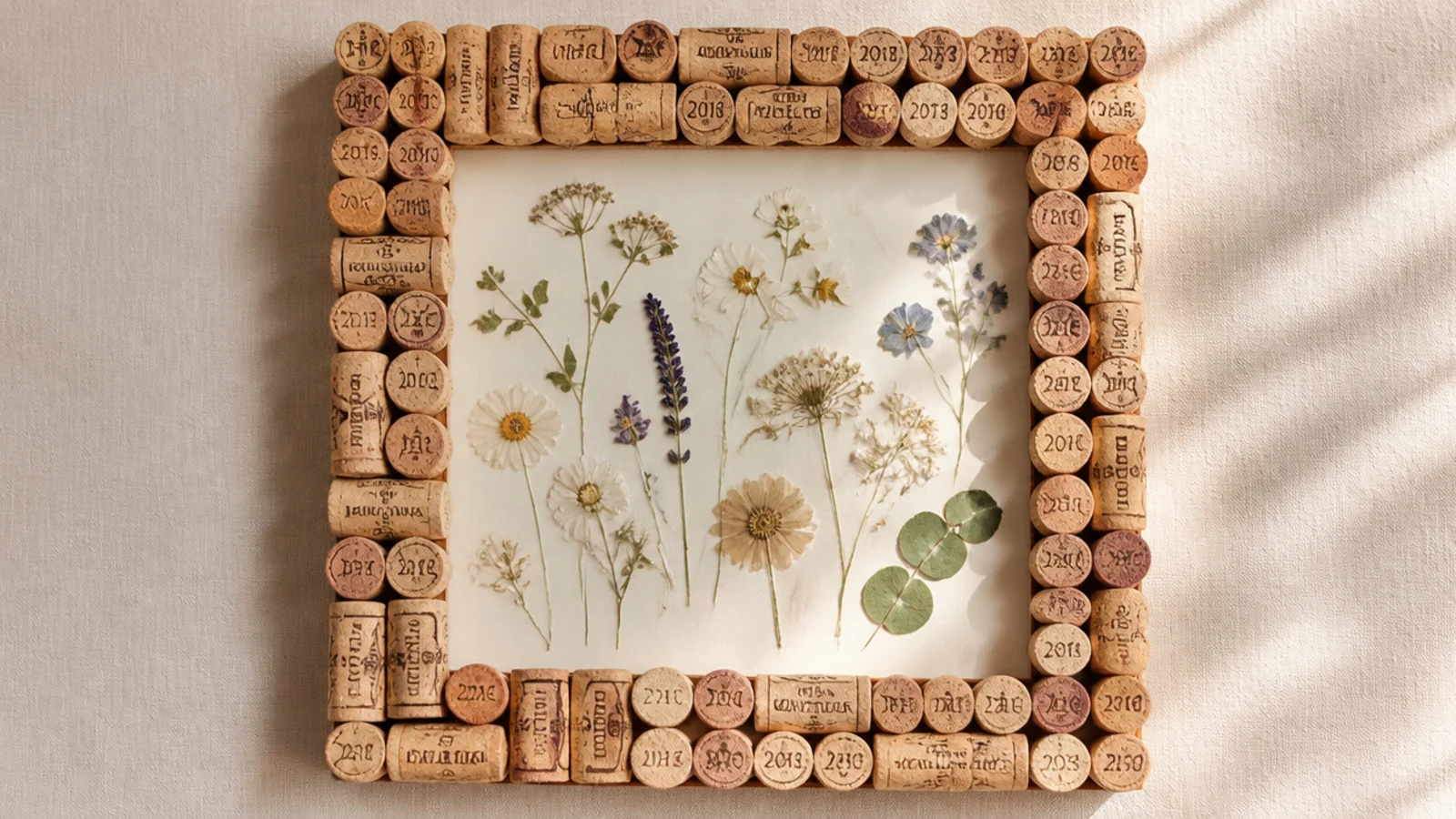 A frame with a border built entirely from wine corks glued around the edge, framing pressed flowers in the center.