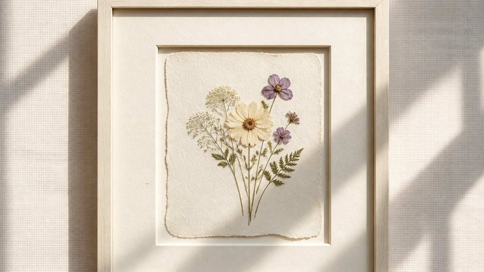 A pressed flower framed with a hand-cut cardboard mat painted soft cream, giving a wide gallery-style border.