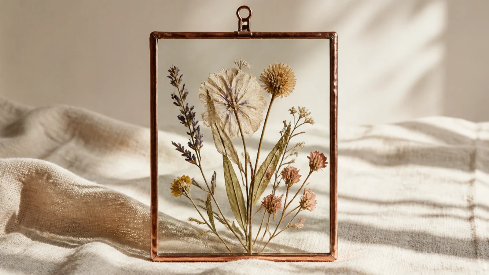 Two salvaged glass panes clipped together holding a pressed flower, edges bound in copper tape, standing upright.