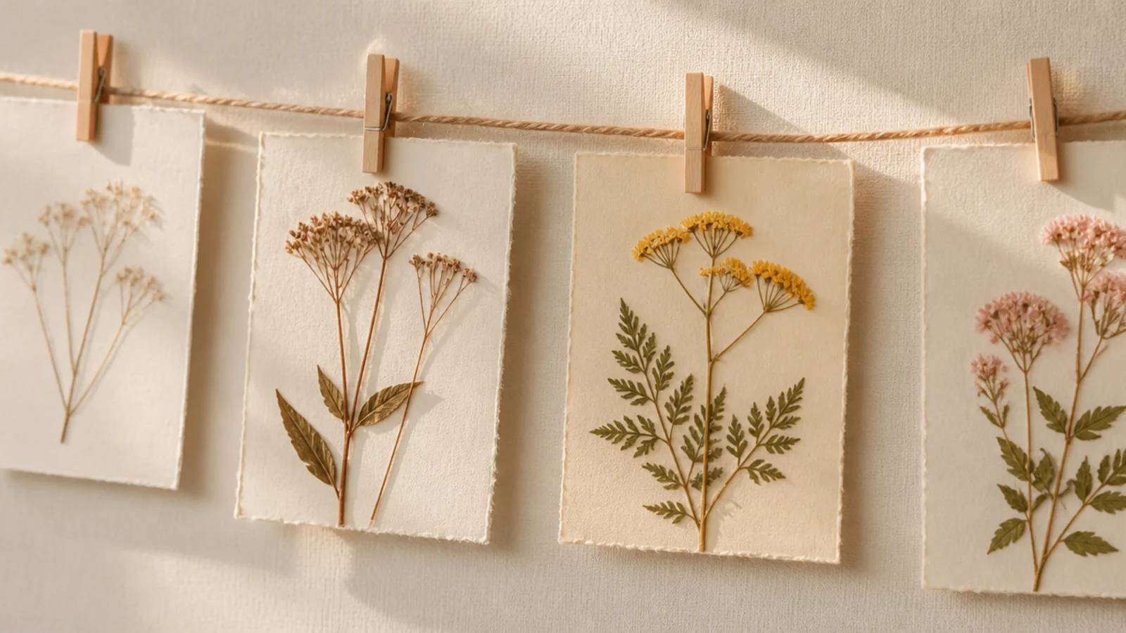 A length of twine with small wooden clothespins clipping pressed flowers mounted on cards, strung across a wall.