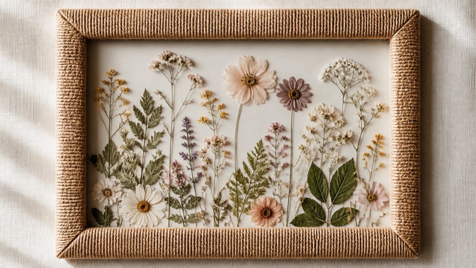 A plain frame completely wrapped in coiled jute rope, giving a natural textured border around pressed flowers.