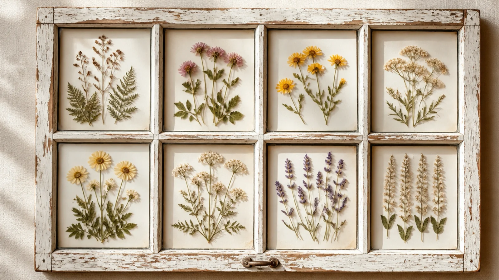 An old multi-pane window repurposed as a frame, each glass section holding a different pressed flower arrangement.