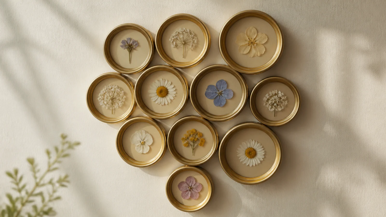 A cluster of small round tin can lids painted gold, each holding a single tiny pressed flower, grouped on the wall.