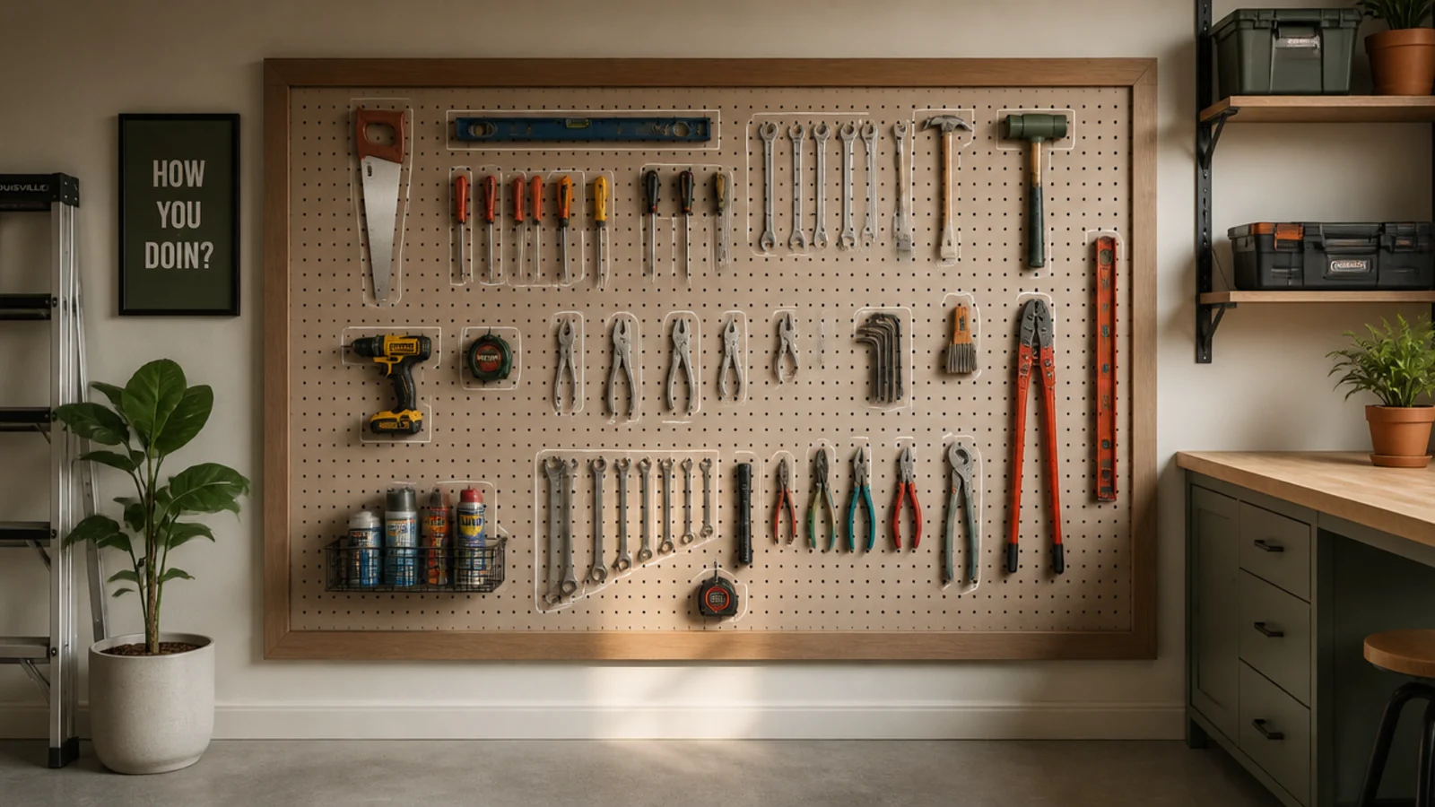 A framed pegboard panel built out from a garage wall on wood furring strips, loaded with hooks and hand tools with painted outlines.