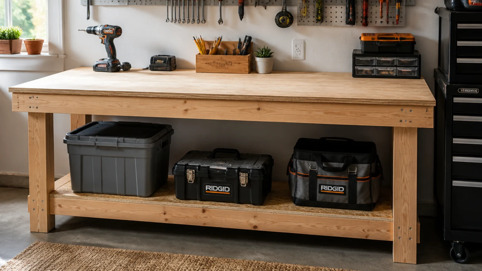 A sturdy homemade workbench with a 2x4 frame and thick plywood top against a garage wall, a shelf underneath holding bins.