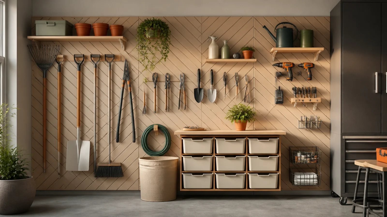 A wall of horizontal 45-degree plywood cleats with custom-built cleat-backed tool holders and shelves hooked onto it.
