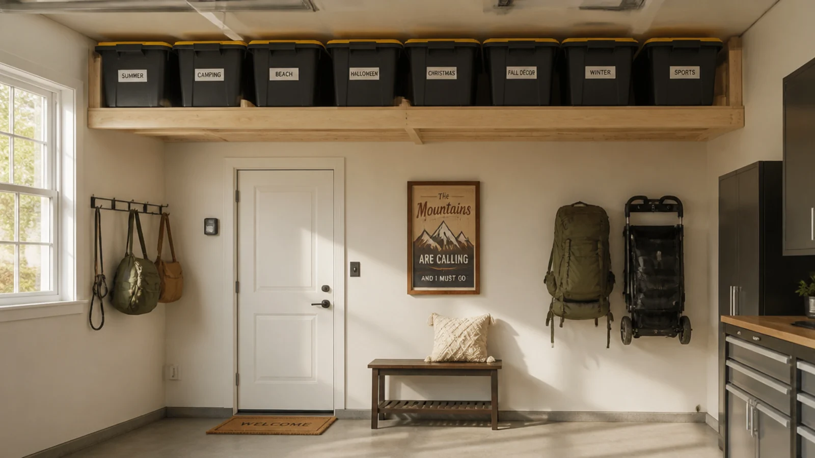 Plywood shelves built between garage ceiling joists holding labeled seasonal totes above the door area.