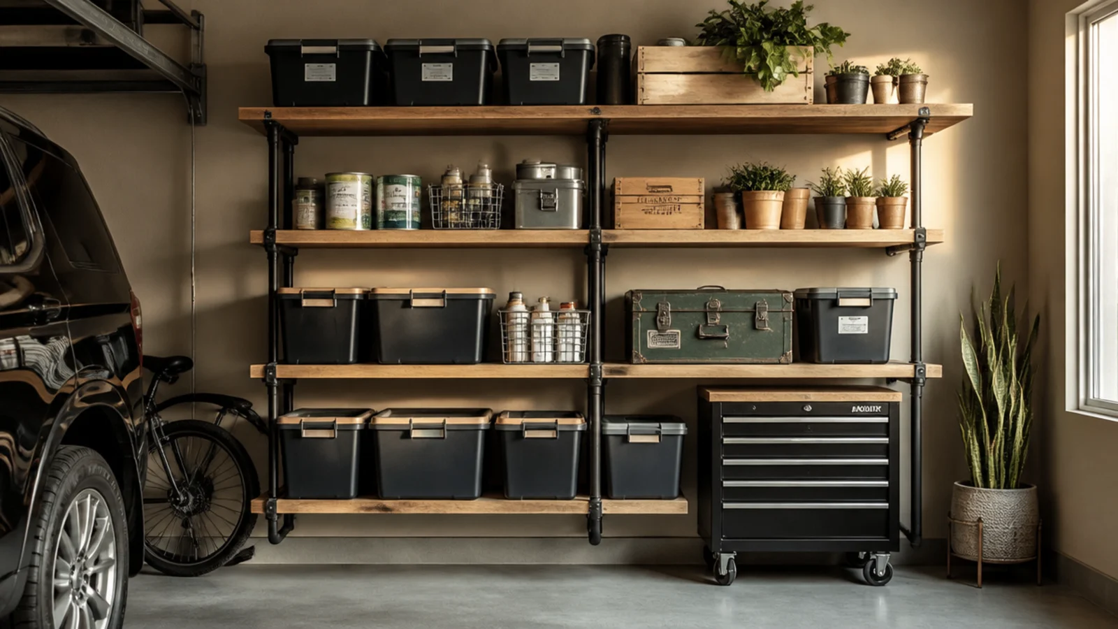Industrial-style shelves made from black iron pipe brackets and thick wood planks mounted on a garage wall holding bins and cans.