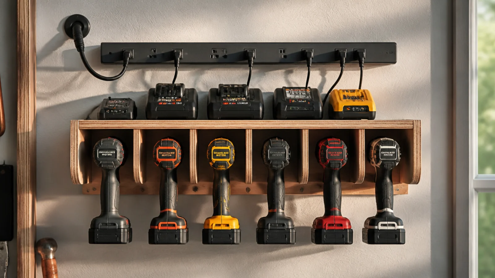 A wall-mounted wooden shelf unit holding cordless drills in slots with chargers mounted above and a power strip feeding them.