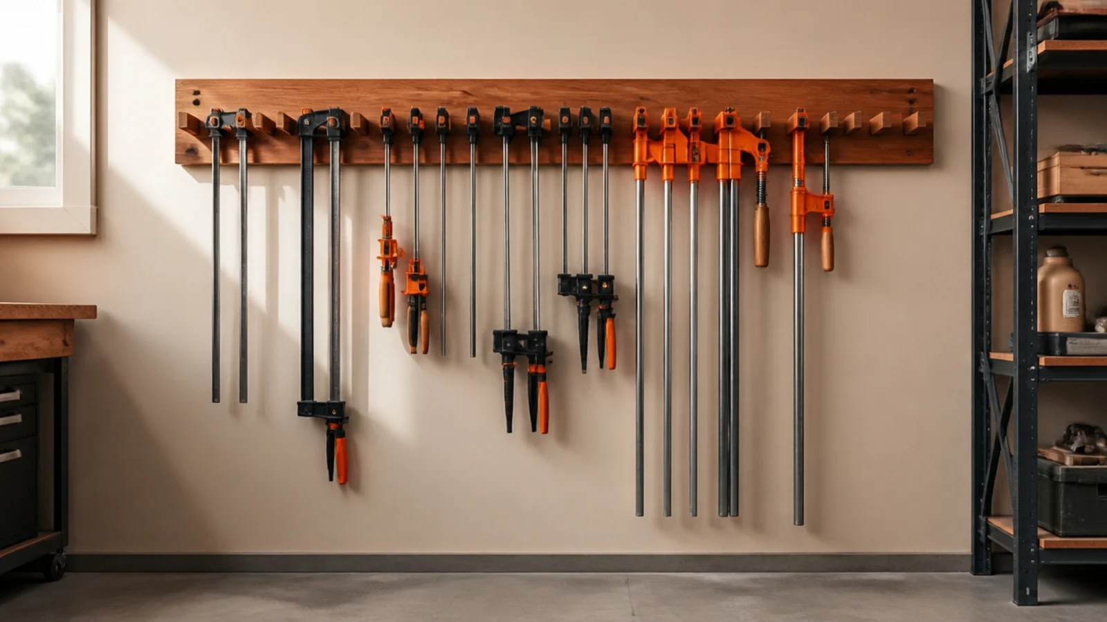 A wall-mounted wooden rail with slots holding bar clamps and pipe clamps hanging in a neat row in a garage.