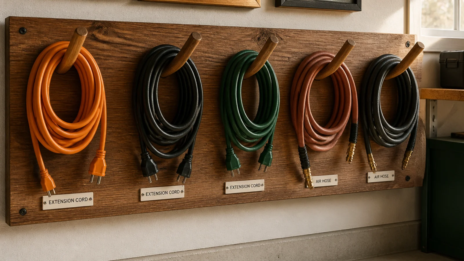A wooden board on a garage wall with angled dowels holding coiled extension cords and air hoses, each labeled below.
