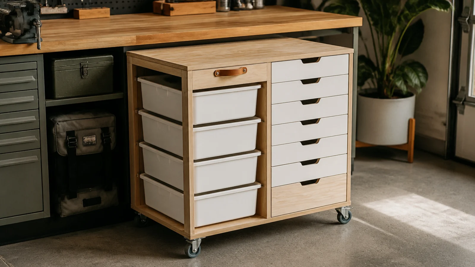A homemade plywood cart on casters rolled out from under a workbench, holding stacked drawers and bins.