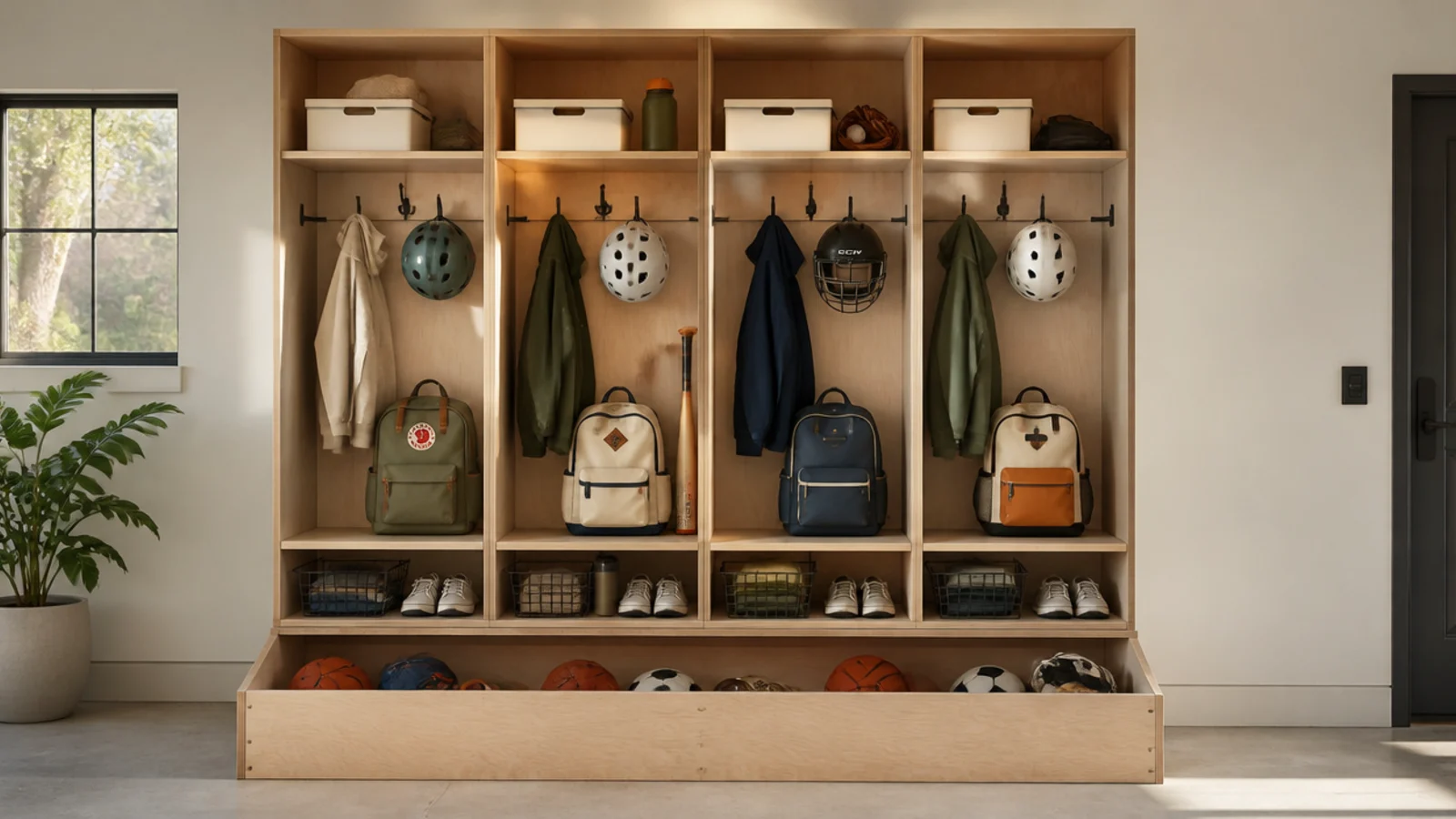 A built plywood locker unit in a garage with a ball bin, hooks for helmets, and cubbies for each family member's gear.