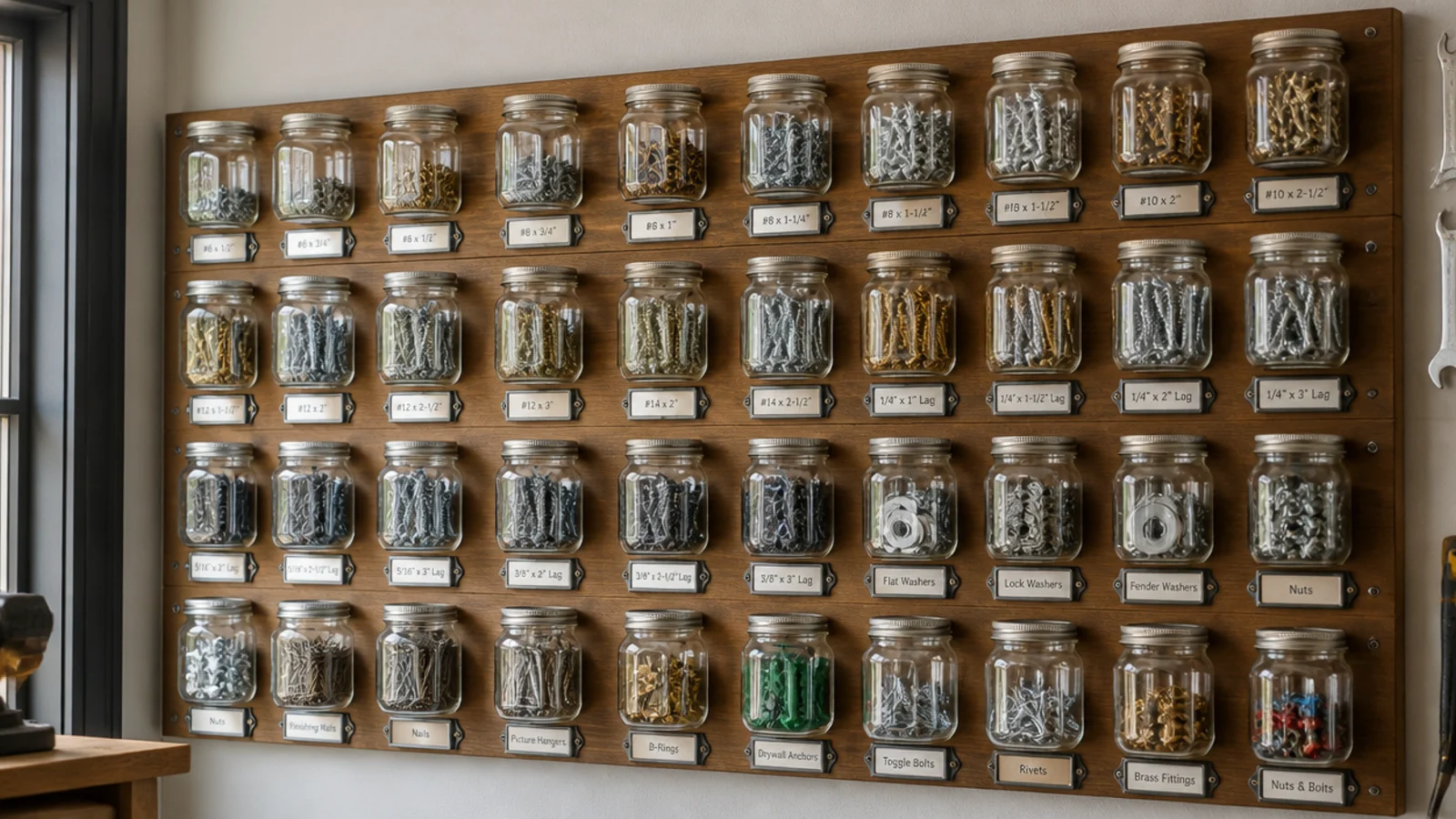 A wooden panel on a garage wall with rows of jars hanging by their lids, each filled with sorted screws and small parts.