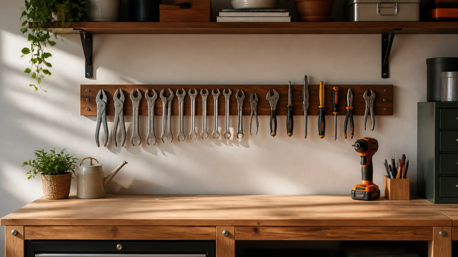 A homemade wooden strip embedded with strong magnets mounted above a workbench holding metal hand tools flat against it.