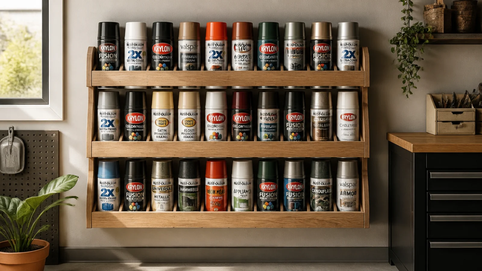 A tiered wooden shelf on a garage wall with slots holding spray paint cans upright, labels facing out.