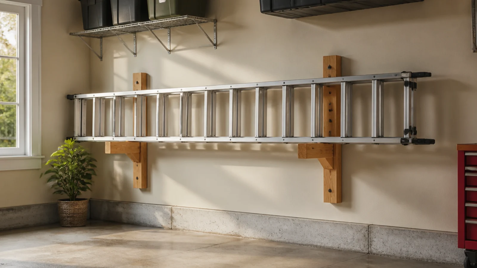 Sturdy homemade wooden hooks made from 2x4 blocks mounted on a garage wall holding an extension ladder horizontally.