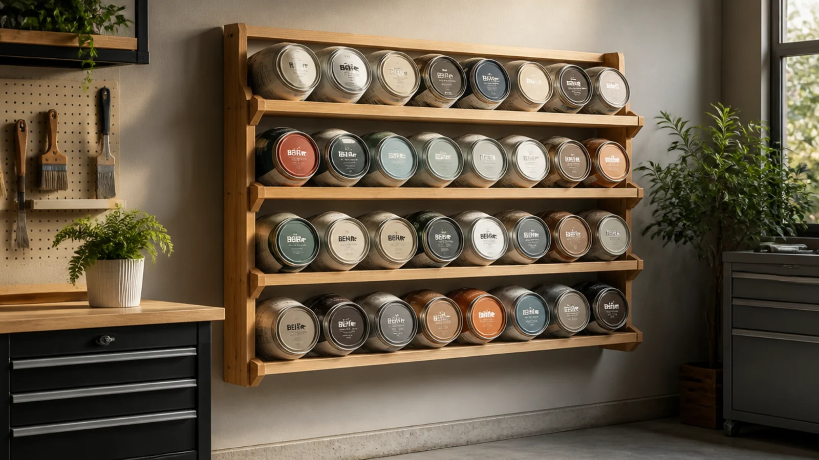 A wall-mounted wooden rack with tilted shelves holding paint cans at an angle so labels and lids face outward.