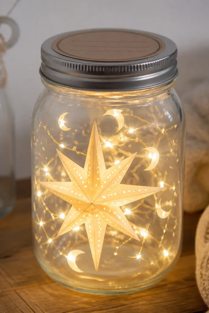 A clear mason jar with a paper star template inside, warm white LED fairy lights wrapped around the interior, and tiny punched paper moons and constellations visible through the glass. The jar lid has a small label with handwritten-style text and the lights create a soft halo.