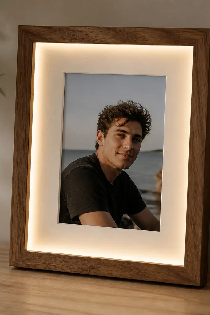 A wood picture frame showing a boyfriend photo in the center. Thin warm white LED strip tape runs along the inside edge behind the photo mat, creating a soft border glow. The back has a neat battery pack tucked into the top corner.