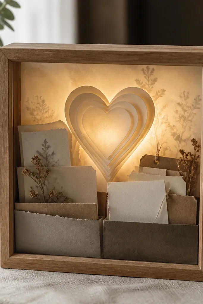 A small wooden shadow box with a clear front. Warm white lights shine from behind a layered paper heart and handwritten notes tucked into pockets. The glow spills through a translucent vellum panel on the back wall.