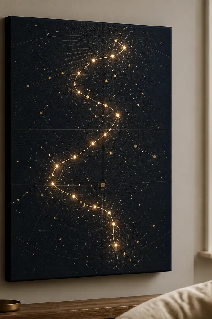 A stretched canvas showing a minimalist star map print with coordinates. LED thread lights trace a winding path across the canvas, and the stars glow softly around the printed dots.