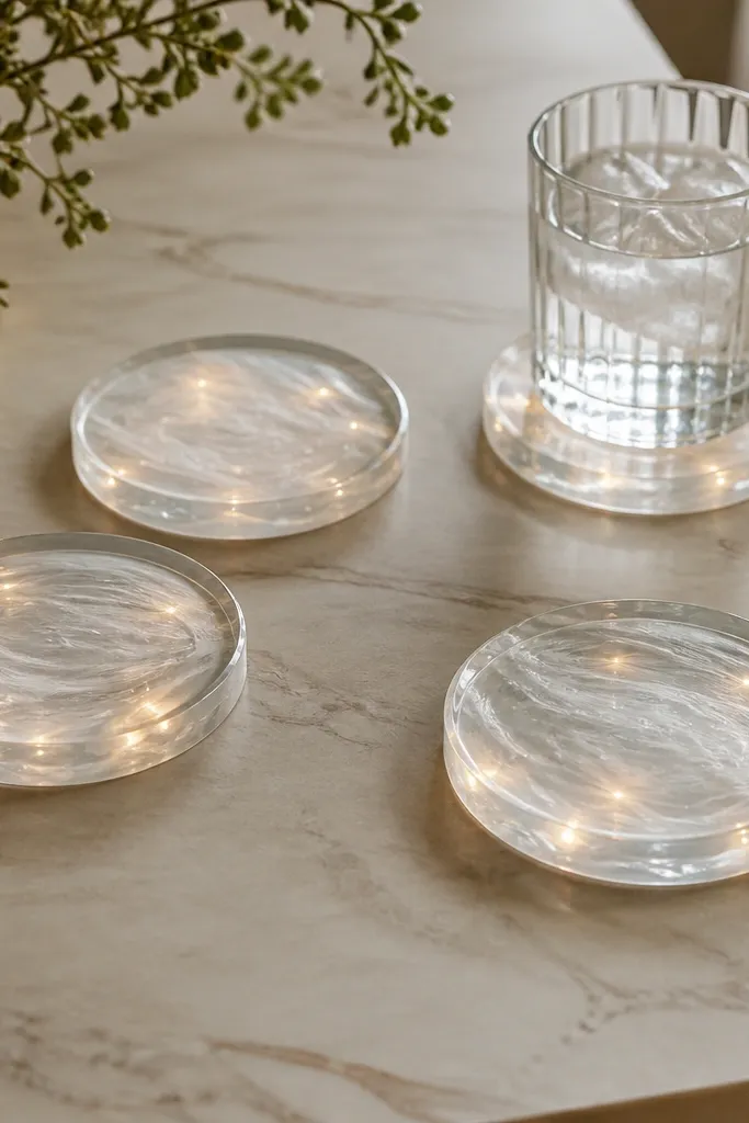 Four round coasters on a table. Each coaster has a clear, glassy surface with a faint cloudy white swirl and tiny embedded warm LED points beneath a translucent top layer.