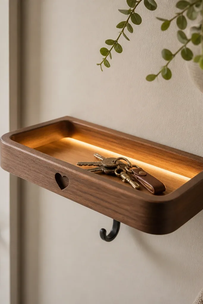 A small wooden key tray with a raised lip. Warm white LED strip tape is hidden under the lip, casting a gentle glow where keys sit. A small metal hook and a carved heart detail are visible.