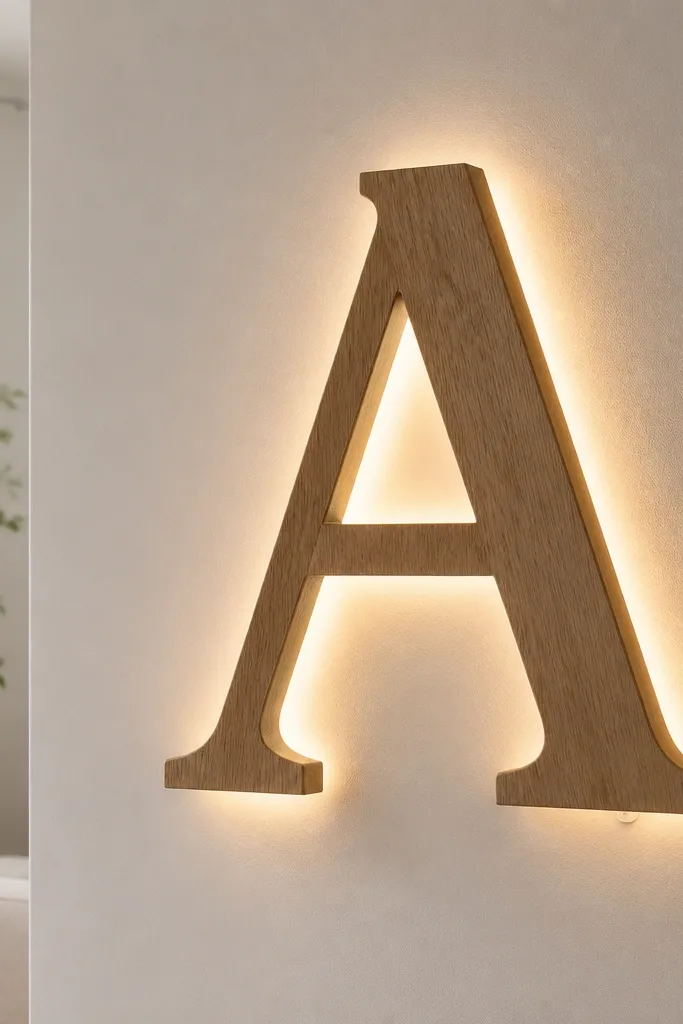 A large wooden letter on a wall with warm white LEDs tucked behind it. The letter casts a gentle glow onto a sheet of white backing, with a small switch hidden near the bottom.