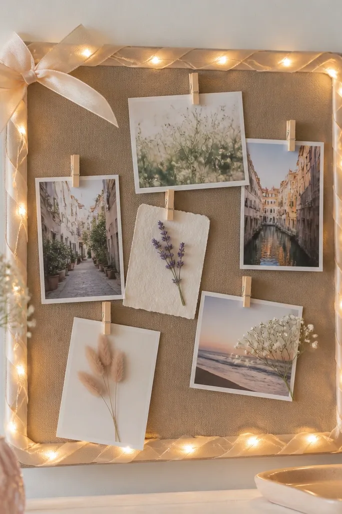 A small cork board or felt board with warm white string lights threaded around a ribbon frame. Tiny clothespins hold photos and notes, and the ribbon creates a soft border glow.