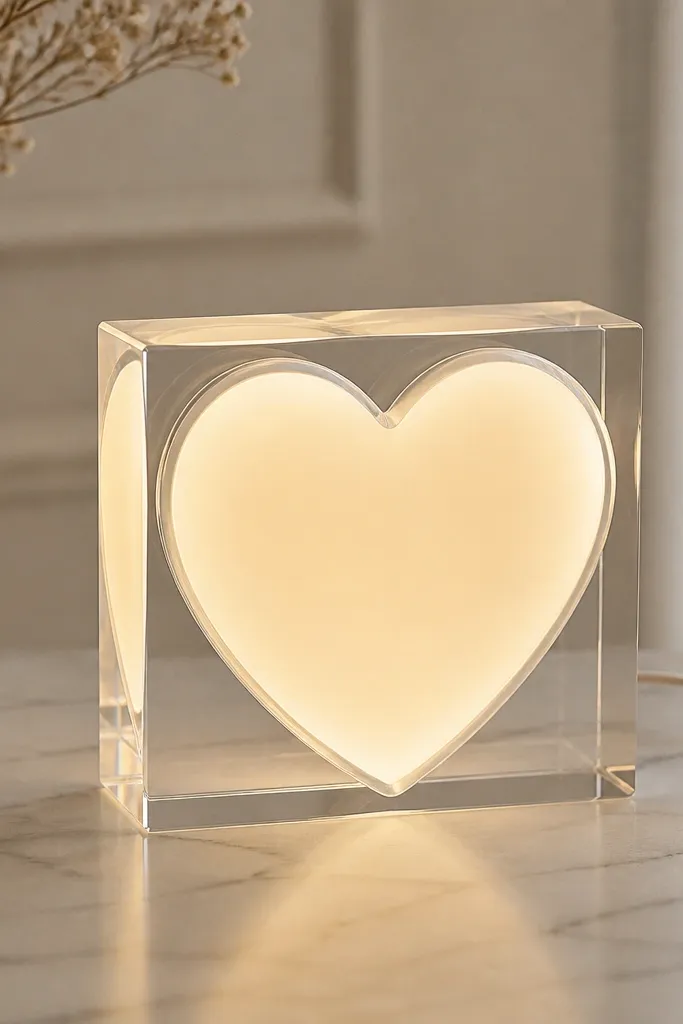A clear acrylic block with a heart cutout inside, filled with warm white LED lights. The heart glows evenly with no visible hotspots, and a small cord exits at the back to a battery pack.