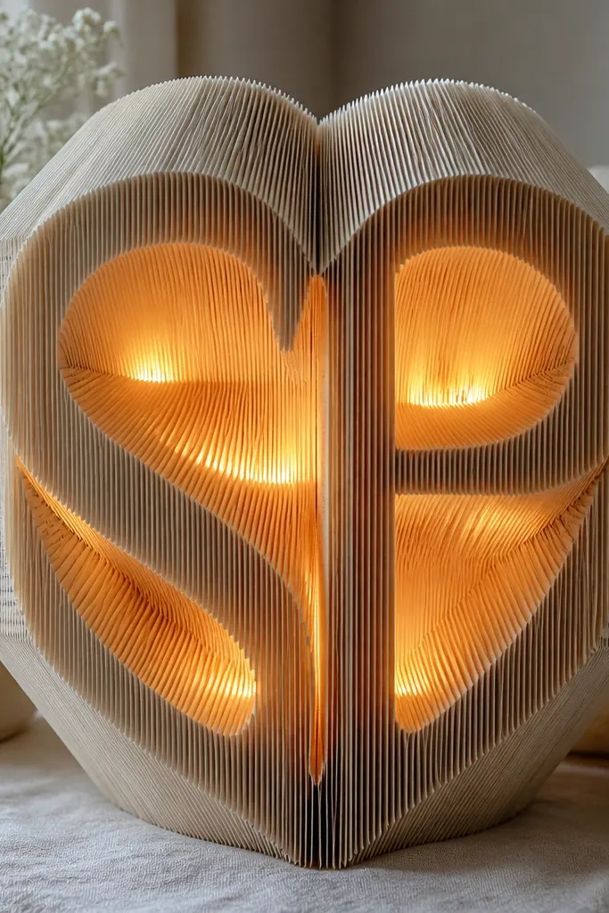 A folded book page sculpture shaped like a heart or initials, with warm white LED tea lights hidden inside. The pages glow at the edges, and the center looks softly lit like a lantern.