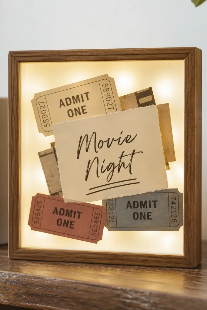 A small light box made from a wooden frame with translucent panels. Warm white LEDs glow inside, and ticket stubs and a handwritten "Movie Night" card are layered in front.
