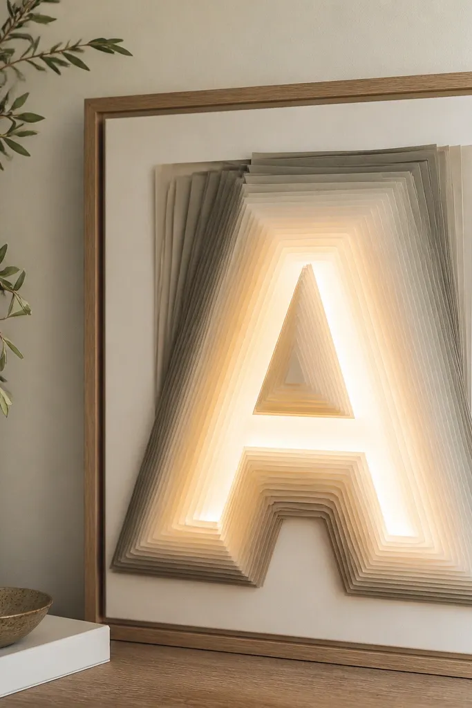 A framed piece of wall art made from layered paint chip samples. Warm white LED lights run behind translucent paint-chip layers, creating a glowing block letter effect.