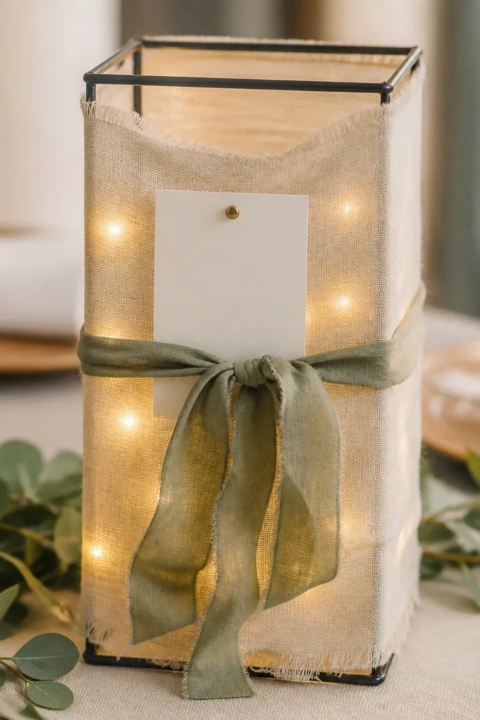 A small table centerpiece made from a fabric runner wrapped around a lantern frame. Warm white string lights create a soft glow, and a coordinate card is pinned to the front.
